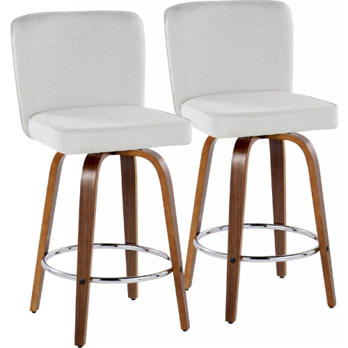 Henry 26" Swivel Counter Stool in Walnut Wood & White Fabric with Round Chrome Footrest (Set of 2)